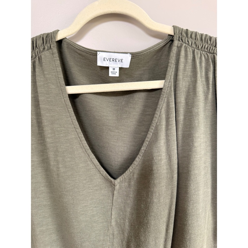 Evereve Olive Green Smocked Blouson V-Neck Slub Knit Top Medium - Picture 5 of 6